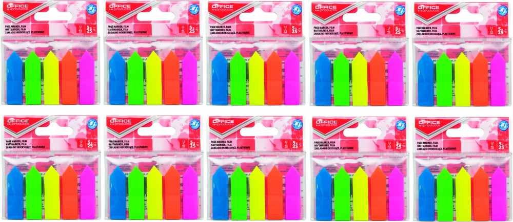 10x Zakładki samoprzylepne Office products, strzałki, indeksujace, folia PP, 12x45mm, 5x25 sztuk, mix kolorów