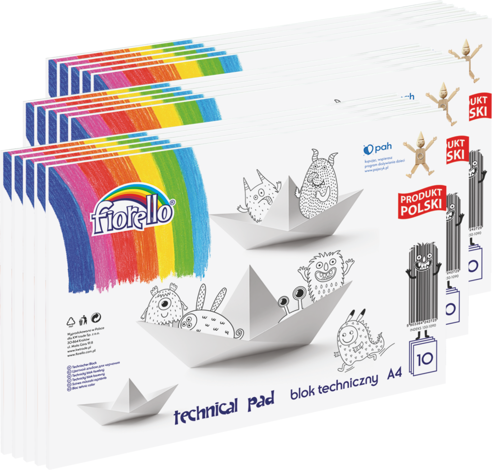15x Blok techniczny Fiorello, A4, 10 kartek, biały