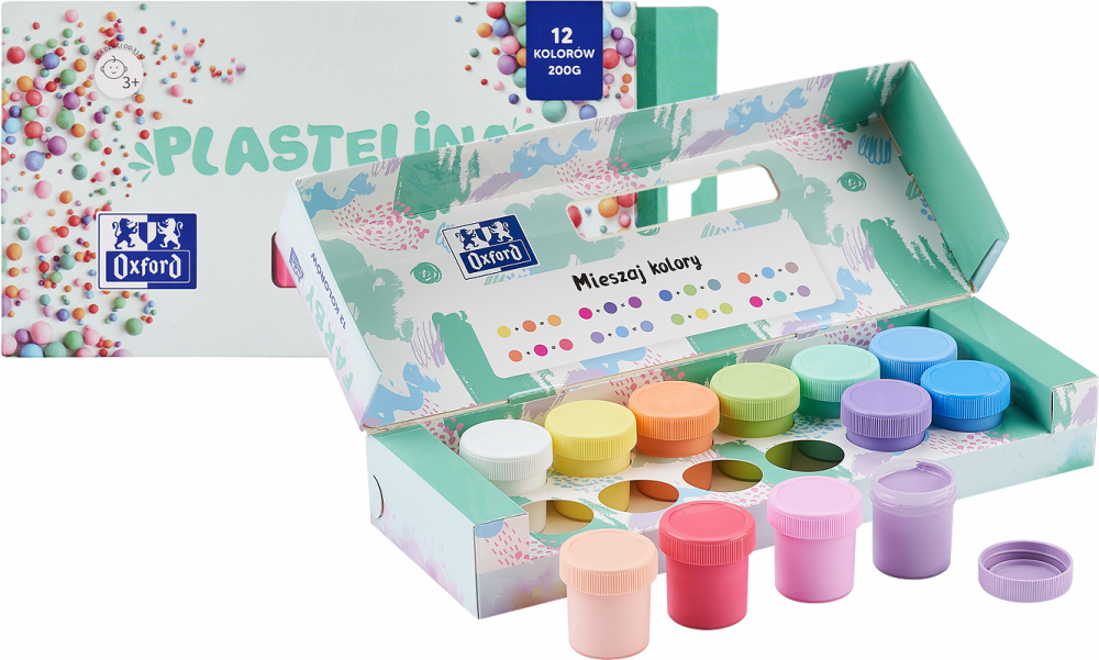 Zestaw: Farby plakatowe Oxford, 20ml, 12 sztuk + Plastelina Oxford, 12 kolorów, 200g, mix kolorów pastelowych