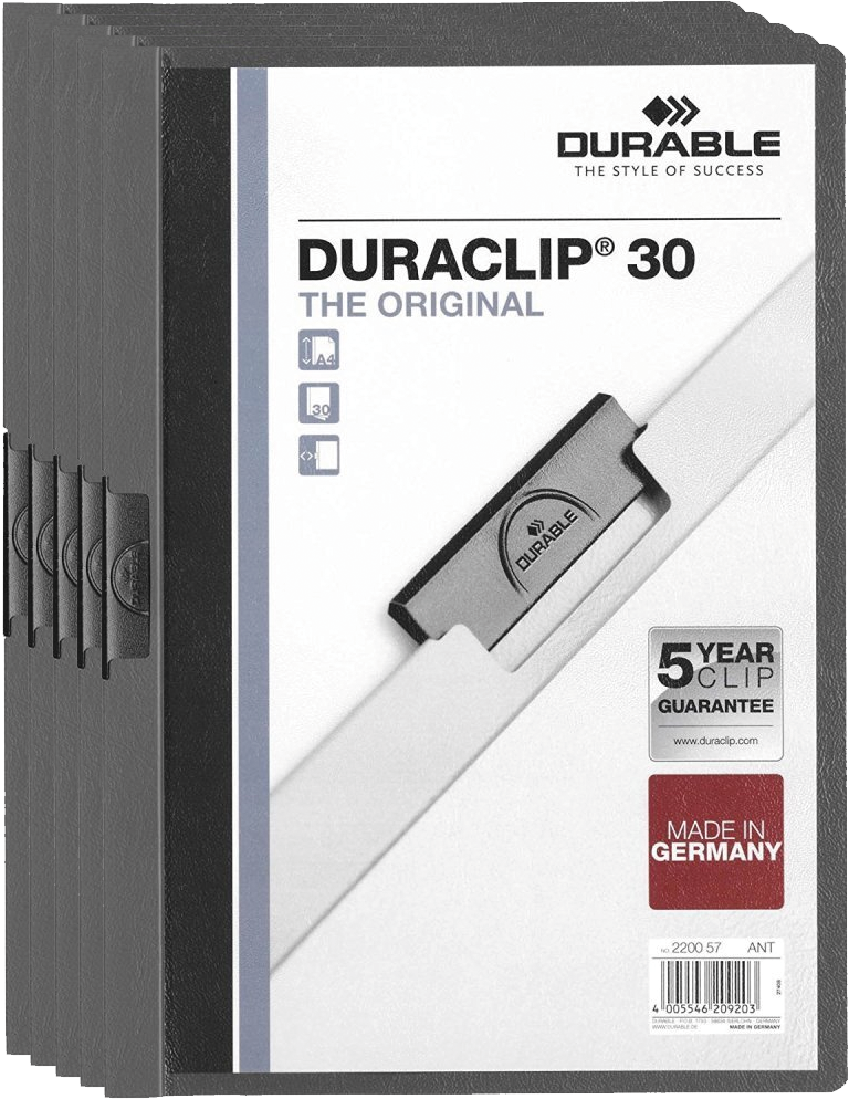 5x Skoroszyt plastikowy z klipsem Durable Duraclip, A4, do 30 kartek, grafitowy