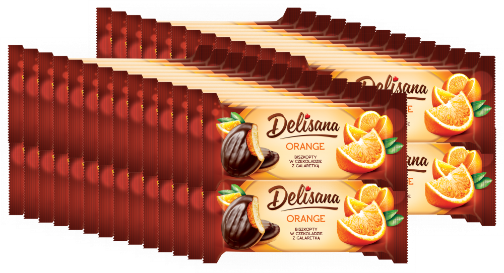 56x Biszkopty w czekoladzie Delicpol Delisana, z galaretką pomarańczową, 135g