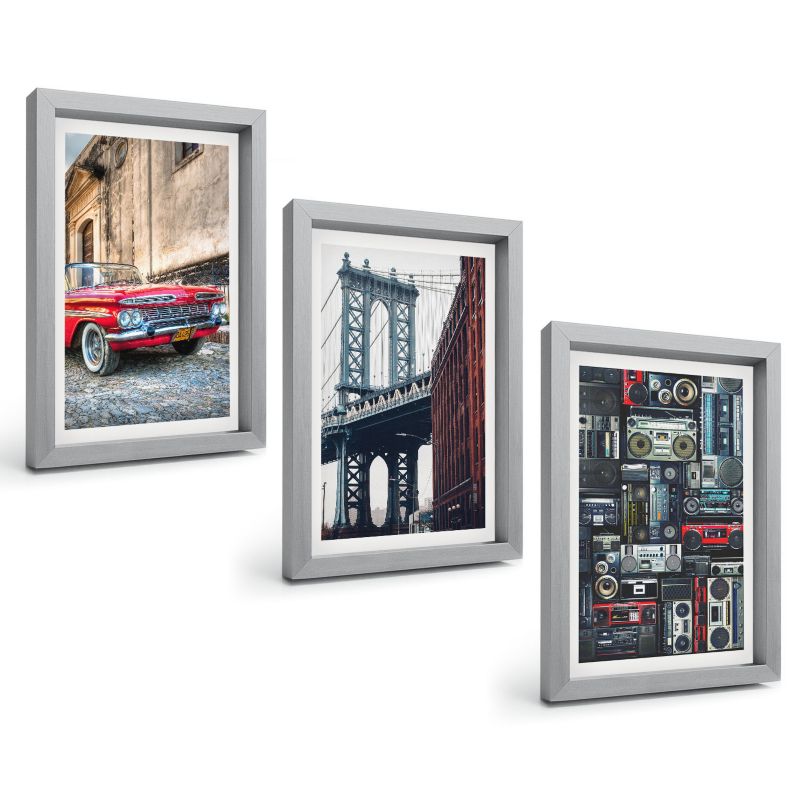 Galeria 3 Obrazów w Srebrnej Ramie ArtPrintCave 20x30 cm Komplet ścienny Stare auto most Brooklyn retro audio 1 kpl.