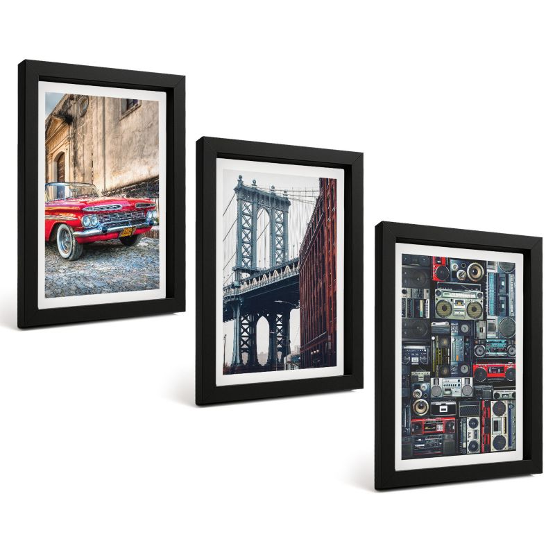 Galeria 3 Obrazów w Czarnej Ramie ArtPrintCave 20x30 cm Komplet ścienny Stare auto most Brooklyn retro audio 1 kpl.
