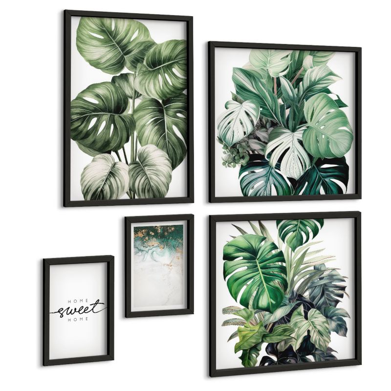Zestaw Obrazów 5 Częściowy ArtPrintCave (2x50x50+2x20x30+40x60cm) Czarna rama Rośliny zielone Sweet Home 1 kpl.