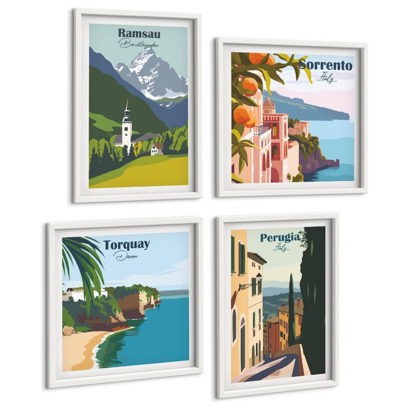 Galeria 4 Obrazów ArtPrintCave (2x50x50+2x40x60cm) Biała rama Górskie pejzaże i miasta 1 kpl.