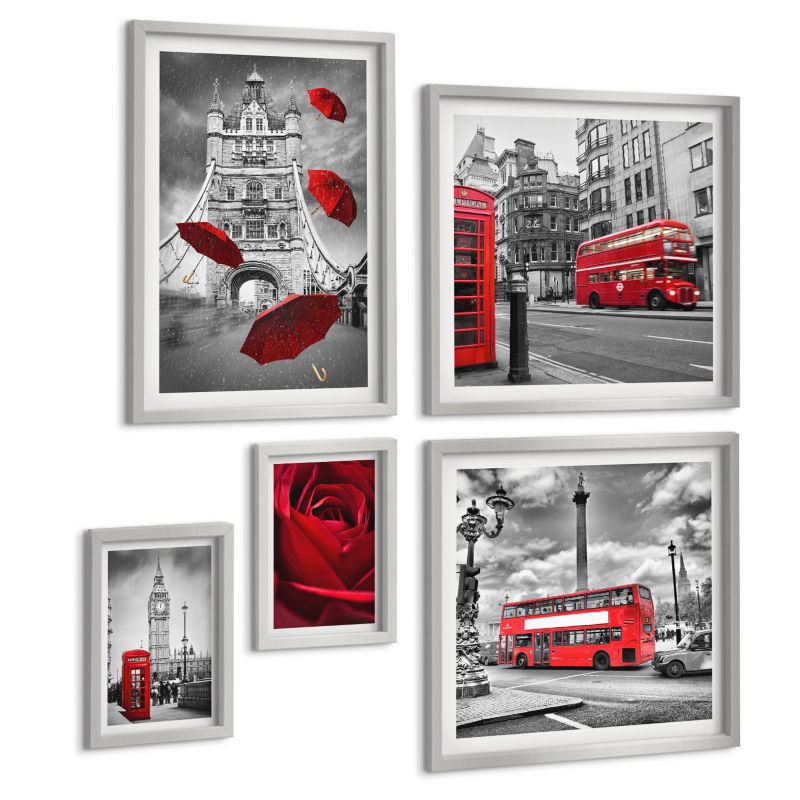 Pięcioczęściowy Zestaw Obrazów ArtPrintCave (2x50x50+2x20x30+40x60cm) Srebrna rama Liście miłorzębu jasne tło 1 kpl.