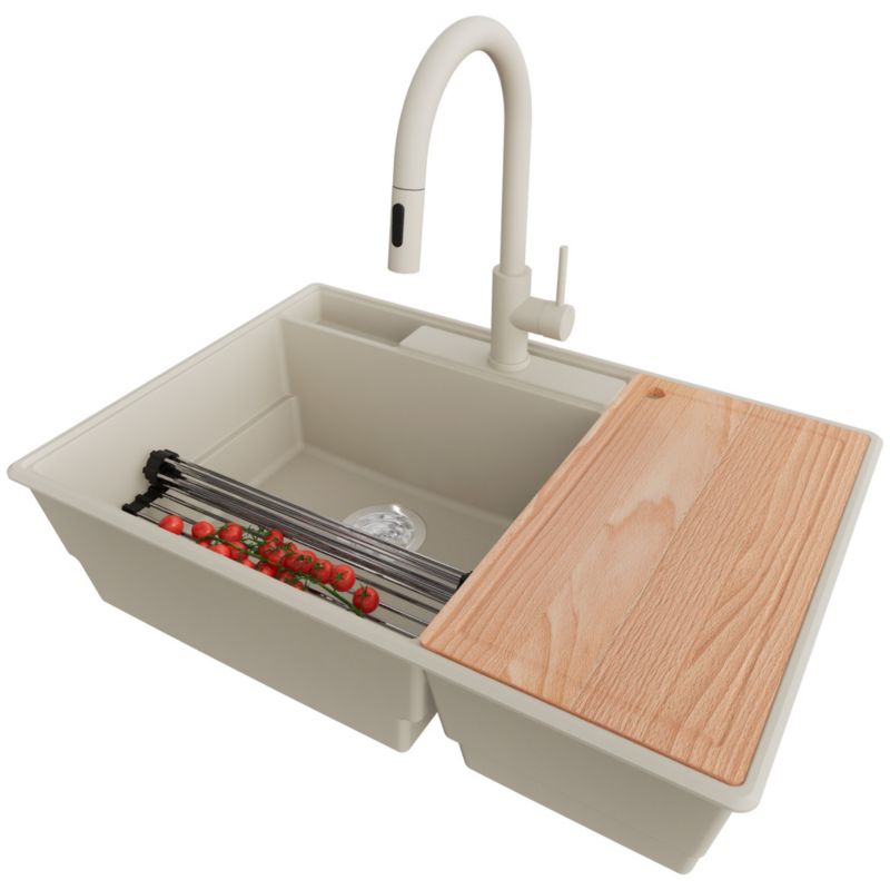 Zlewozmywak Granitowy Paryż Chef PRIMAGRAN Nablatowy 78x53cm do Szafki od 80cm, Beżowy + Bateria 40x20cm + Syfon, S048, 1 szt.