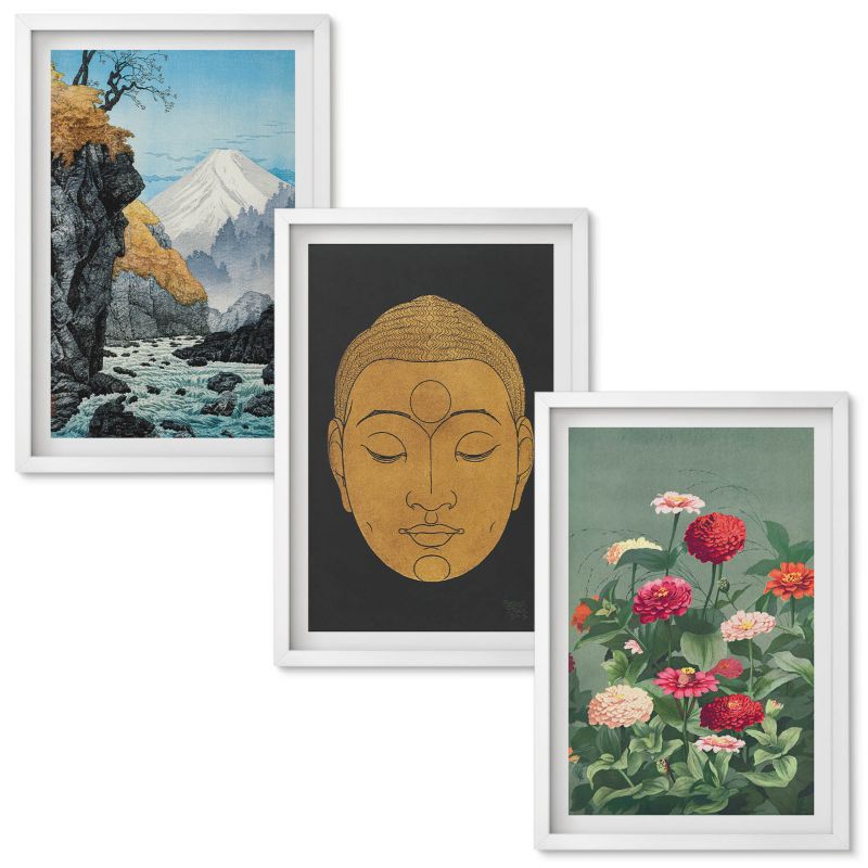 Obraz Ścienny Zestaw Wallfluent Japońska natura kultura japandi Biała rama 40x60 cm 3 szt.