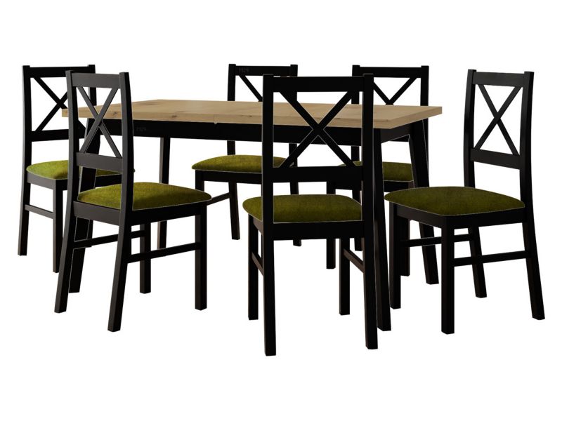 Zestaw DR11 MIRJAN 24 Stół rozkładany Oslo V 80x140/180 + 6 krzeseł Nilo 10 dąb artisan + czarny + ciemnozielona tapicerka 1 kpl.