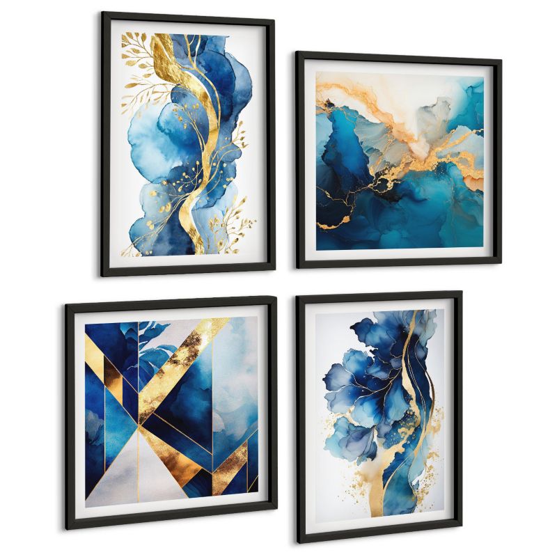 Galeria 4 Obrazów ArtPrintCave (2x50x50+2x40x60cm) Czarna rama Niebieskie abstrakcyjne wzory 1 kpl.