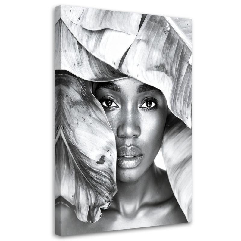 Obraz czarno biały do salonu sypialni Feeby Portret Kobiety i srebrne liście 60x90cm 1szt