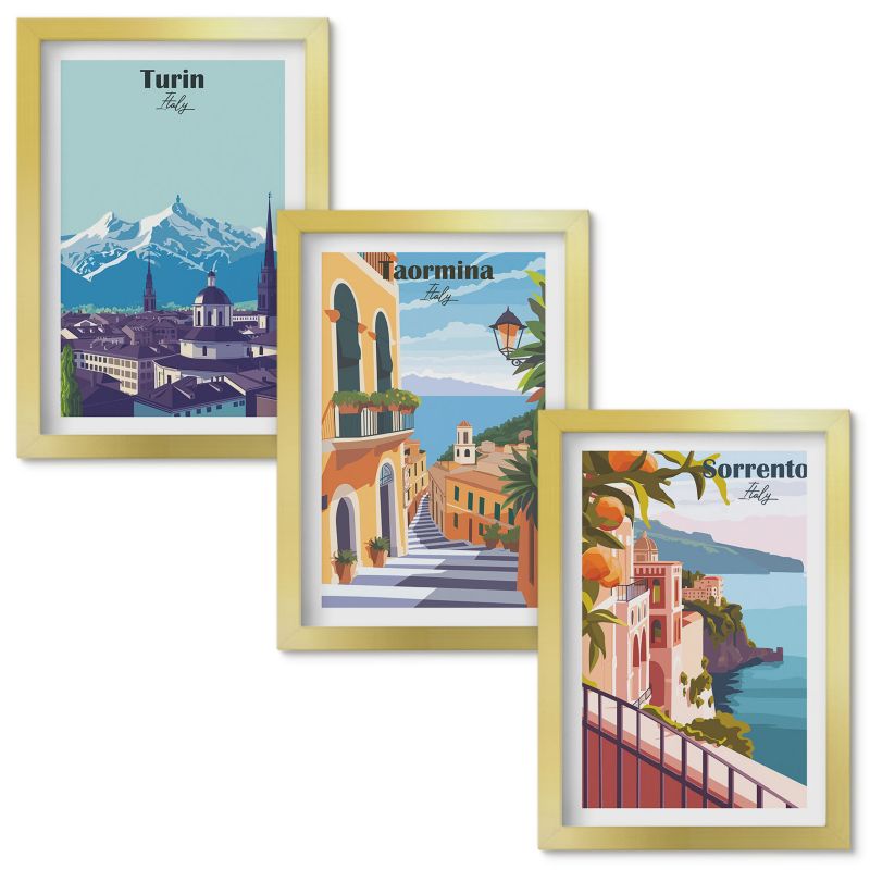 Tryptyk w Ramie Wallfluent Kolorowe retro widoki miast Złota rama 20x30cm 3 szt.