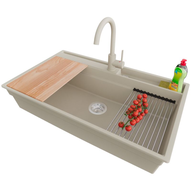 Zlewozmywak Granitowy Oslo 90 Pocket PRIMAGRAN Nablatowy 88x53cm do Szafki od 90cm, Beżowy + Bateria + Syfon, S464, 1 szt.