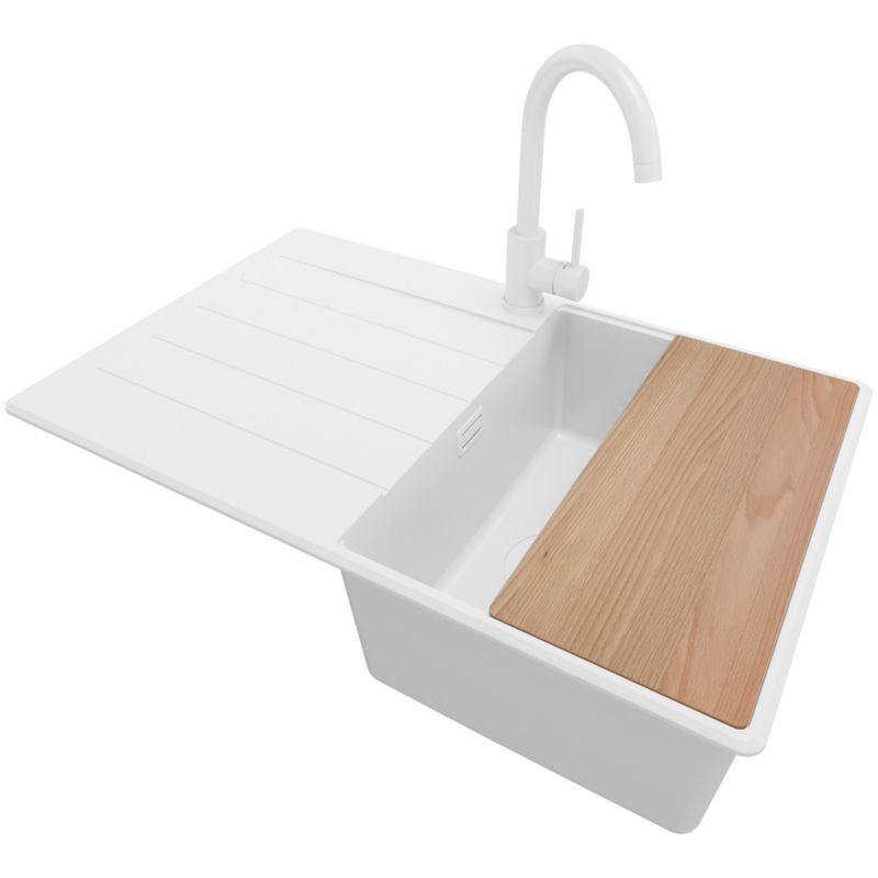 Zlewozmywak Granitowy Kopenhaga Top PRIMAGRAN Nablatowy 78x50cm, Cały Biały + Bateria + Syfon + Akcesorium, S352, 1 szt.