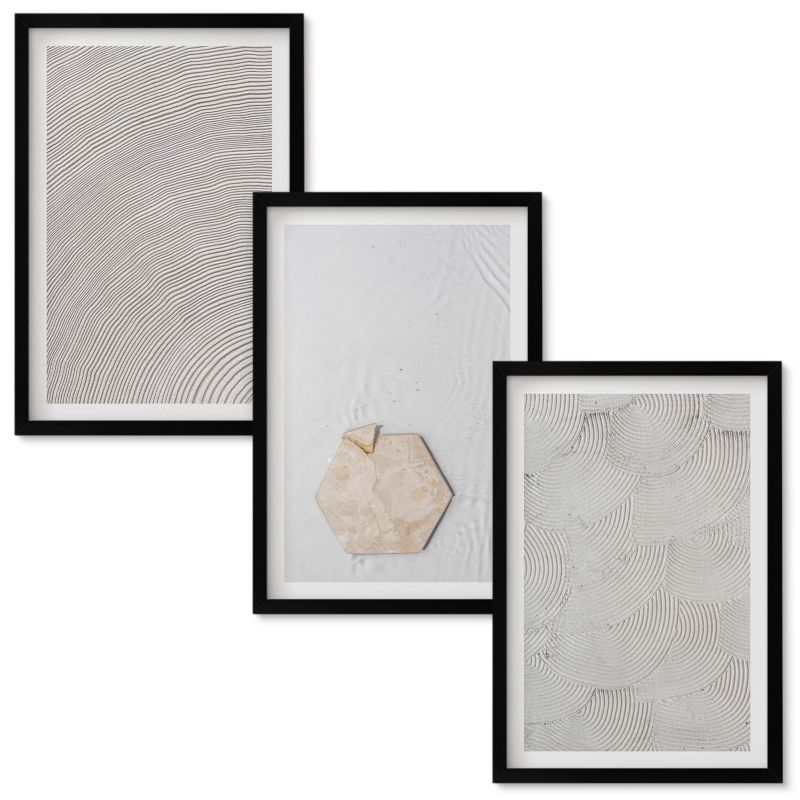 Set Obrazów w Ramie Wallfluent Jasne tekstury piasku boho Czarna rama 40x60 cm 3 szt.