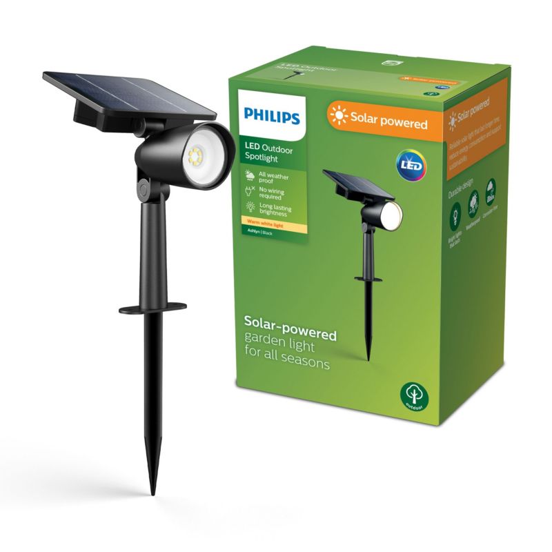 Lampa Ogrodowa Ashlyn Philips Solarna Reflektor LED 1.4W 150lm 2700K IP44 z Czujnikiem Zmierzchu Czarna 1 szt.