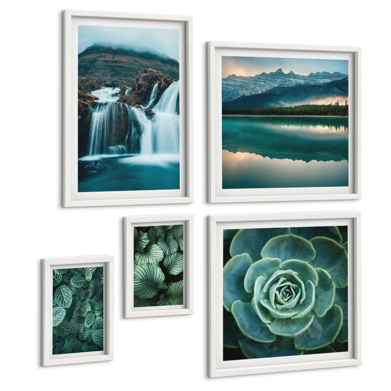 Pięcioczęściowy Zestaw Obrazów ArtPrintCave (2x50x50+2x20x30+40x60cm) Biała rama Sukulenty w zieleni i turkusie 1 kpl.