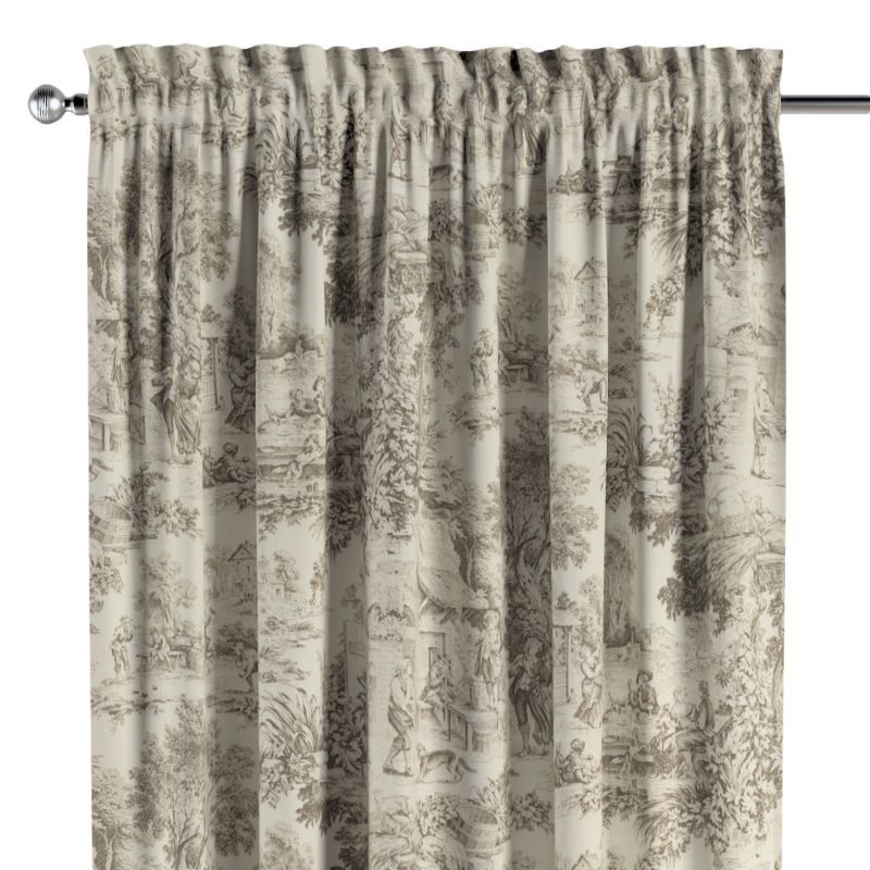Zasłona na kanale z grzywką 1 szt. 130 x 245 cm Dekoria scenki rodzajowe w kolorze beżowym na tle ecru 1 szt.