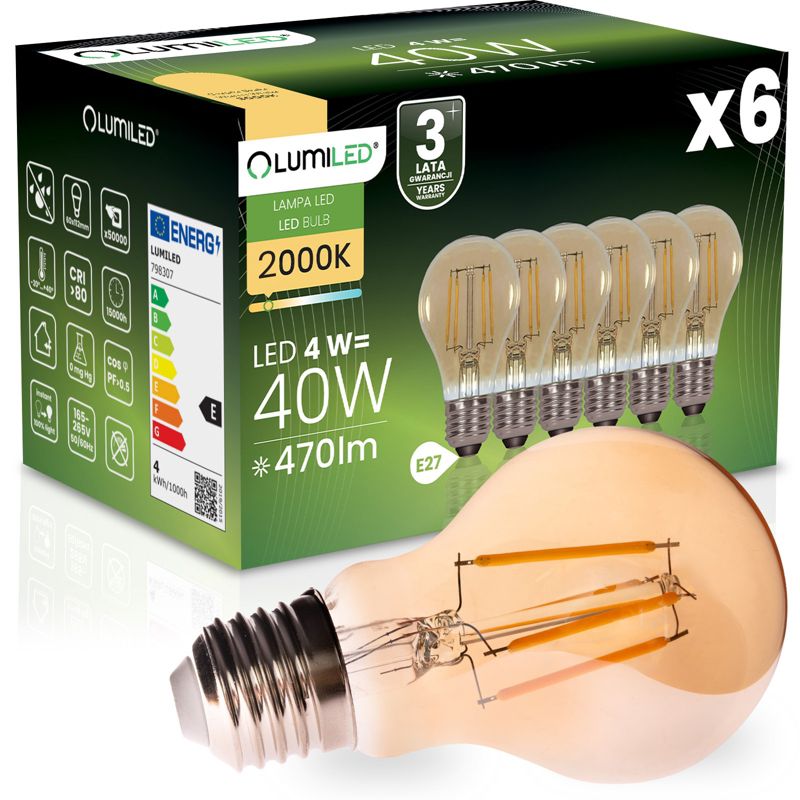 Żarówka LED Lumiled E27 A60 4W 470LM 2000K 360st Filament Amber 6 szt.