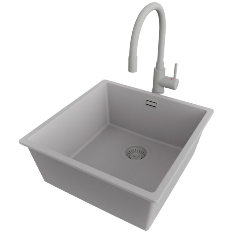 Zlewozmywak podblatowy Londyn PRIMAGRAN 46x47cm do Szafki od 50cm, Cały Szary + Bateria 38x14cm + Syfon, S238, 1 szt.