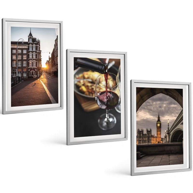 Galeria 3 Obrazów w Srebrnej Ramie ArtPrintCave 40x60 cm Komplet ścienny Obrazy miasto jedzenie Londyn 1 kpl.