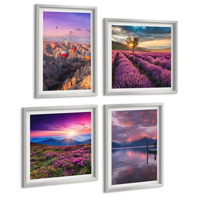 Komplet 4 Obrazów ArtPrintCave (2x50x50+2x40x60cm) Srebrna rama Lawendowe pola zachód słońca 1 kpl.