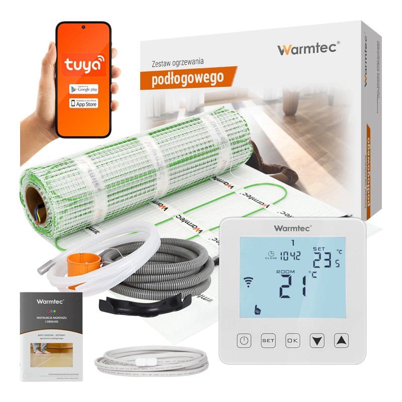 Mata grzewcza grzejna pod płytki Warmtec 7m² 100W/m² Wi-Fi zestaw biały regulator DSE-70/PRT-01 1szt.