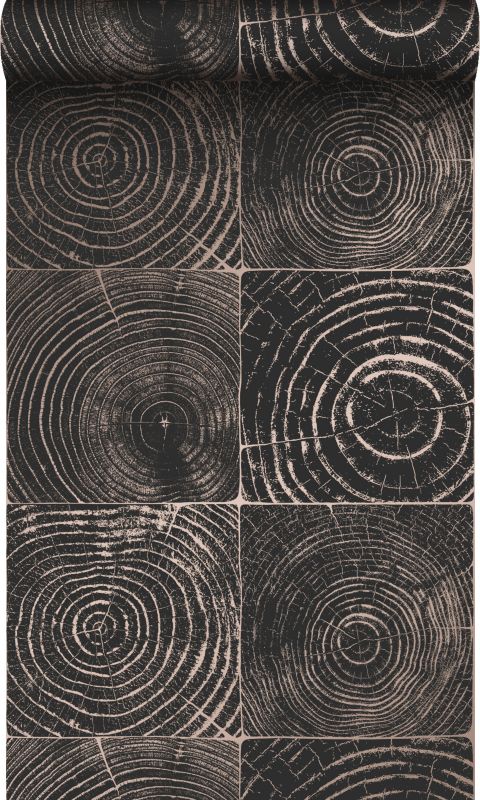 Tapeta Origin Wallcoverings przekrój pnia drzewa w matowym czarnym kolorzeIbłyszczącego brązu 53 cm x 10.05 m - 1 rol.