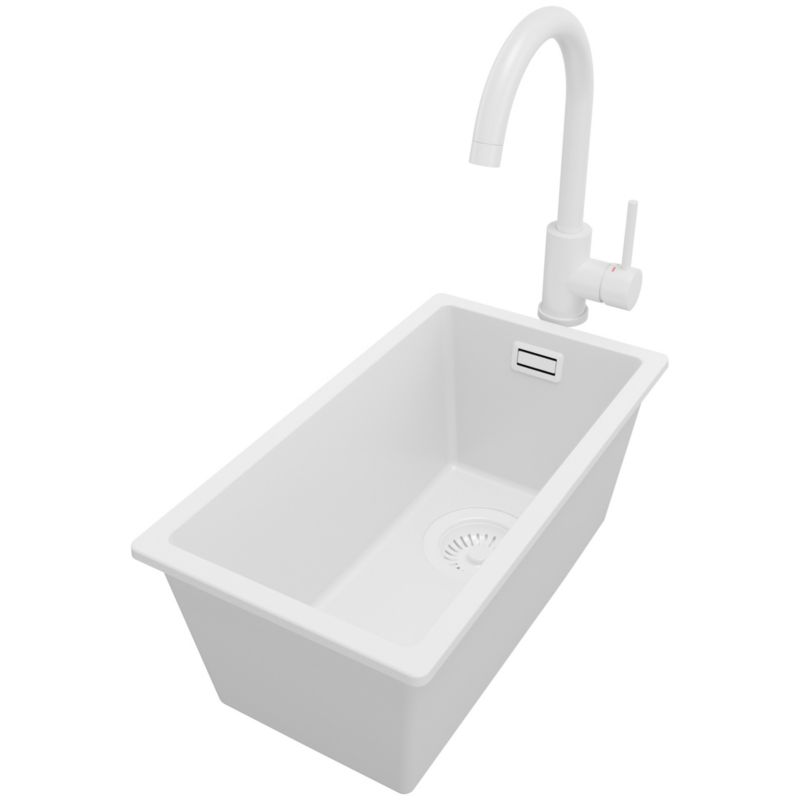 Zlewozmywak Granitowy Londyn Slim PRIMAGRAN Nablatowy 26x47cm do Szafki od 30cm, Cały Biały + Bateria + Syfon, S012, 1 szt.