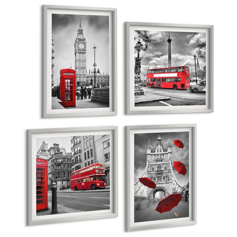 Czteroczęściowy Zestaw Obrazów ArtPrintCave (2x50x50+2x40x60cm) Srebrna rama Liście miłorzębu jasne tło 1 kpl.