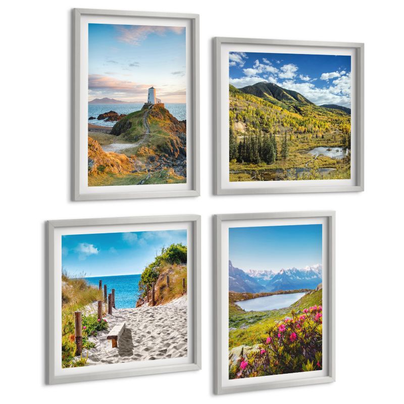 Zestaw 4 Obrazów ArtPrintCave (2x50x50+2x40x60cm) Srebrna rama Plaża latarnia góry łąki kwiaty 1 kpl.