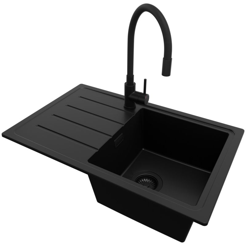 Zlewozmywak Granitowy Kopenhaga Easy PRIMAGRAN Nablatowy 70x44cm do Szafki od 45cm, Cały Czarny + Bateria + Syfon, S062, 1 szt.