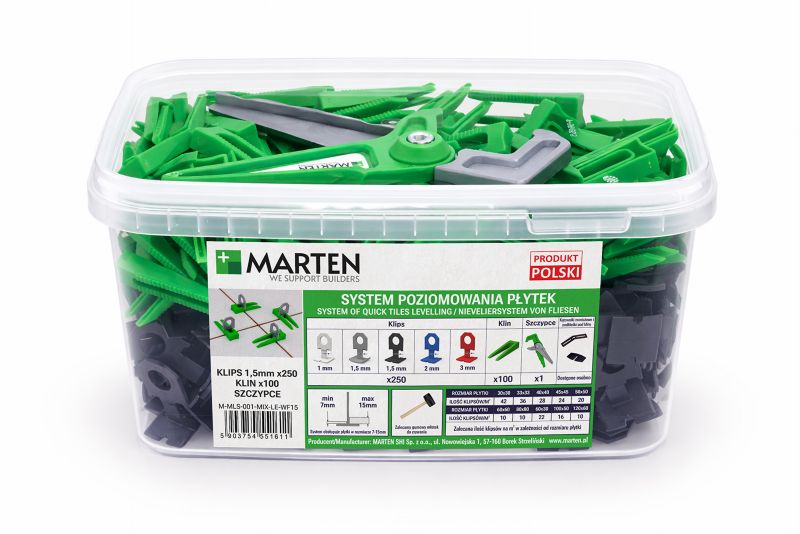 System poziomowania płytek MARTEN MLS zestaw klipsów czarnych 1,5 mm i klinów + szczypce 350 szt.