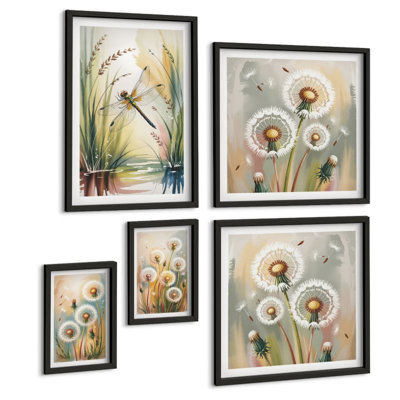 Zestaw 5 Obrazów ArtPrintCave (2x50x50+2x20x30+40x60cm) Czarna rama Kwiaty dmuchawców pastelowe 1 kpl.