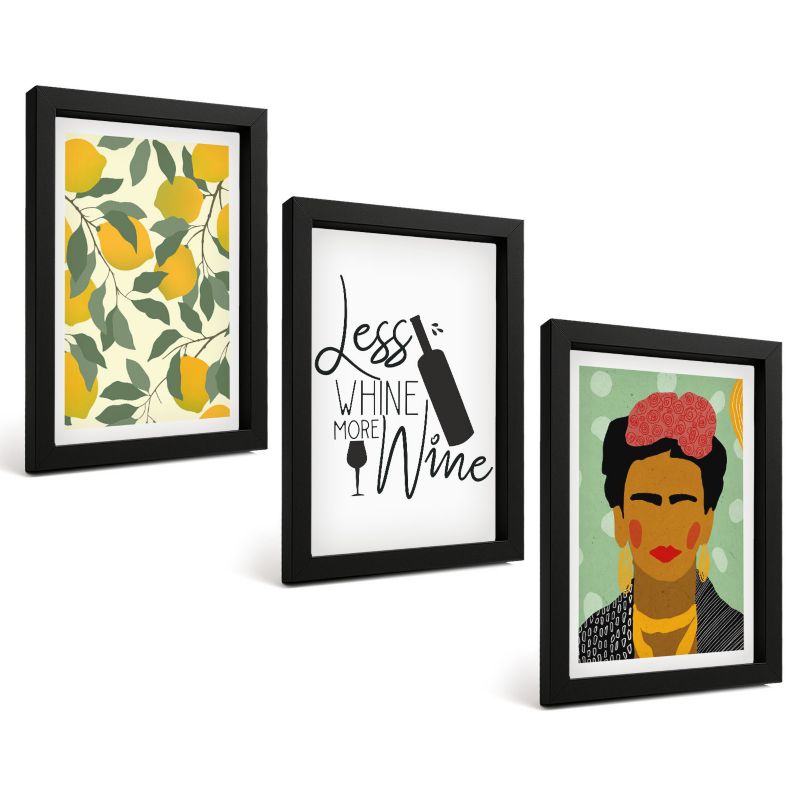 Zestaw 3 Obrazów w Czarnej Ramie ArtPrintCave 20x30 cm Galeria Ścienna Cytryny wino portret Fridy 1 kpl.