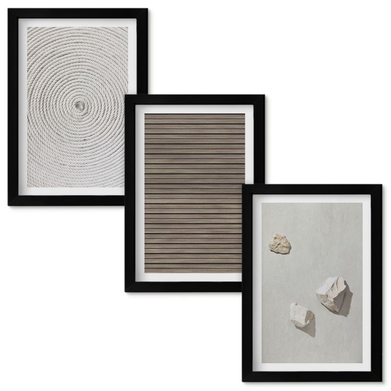 Obrazy Do Sypialni Wallfluent Naturalne tekstury drewno kamień Czarna rama 20x30cm 3 szt.