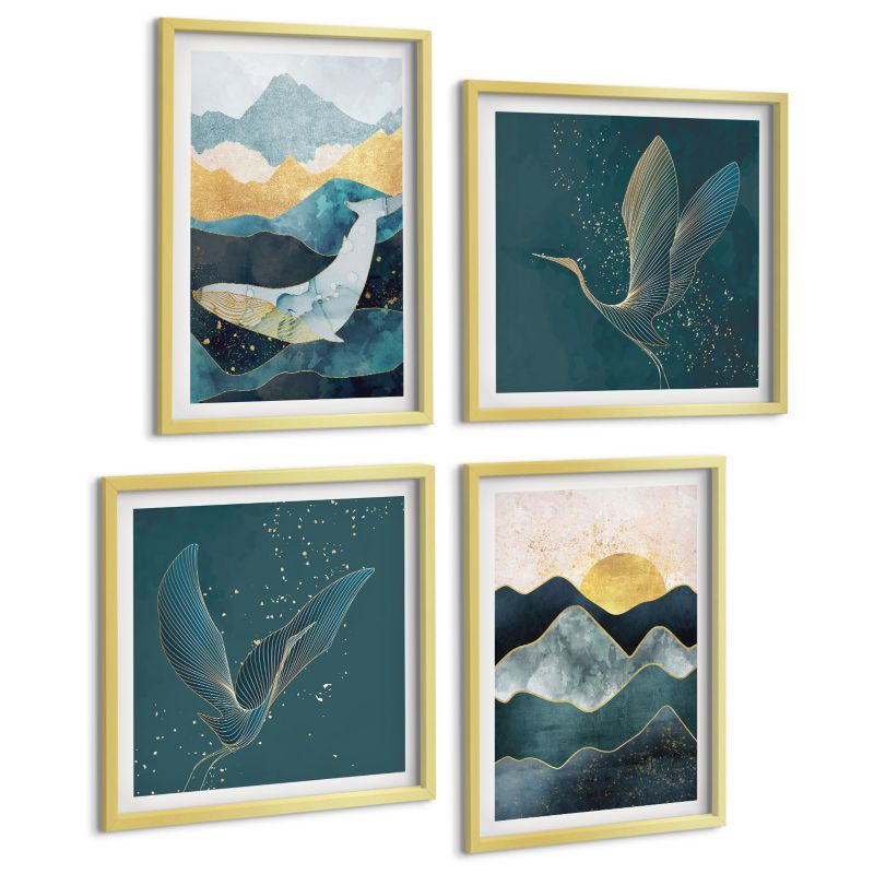 Zestaw 4 Obrazów ArtPrintCave (2x50x50+2x40x60cm) Złota rama Abstrakcyjne góry żurawie 1 kpl.