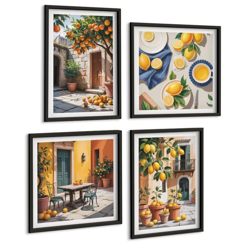 Zestaw Obrazów 4 Częściowy ArtPrintCave (2x50x50+2x40x60cm) Czarna rama Cytrusy w słonecznym ogrodzie 1 kpl.