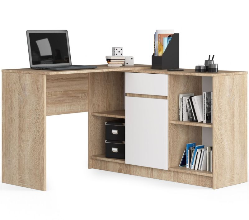 Biurko narożne Akord B17 Dąb Sonoma 120 cm Zestaw z komodą 1 drzwi 1 szuflada kolor Biały mat 6 półek 120x126x79 cm 1 szt.