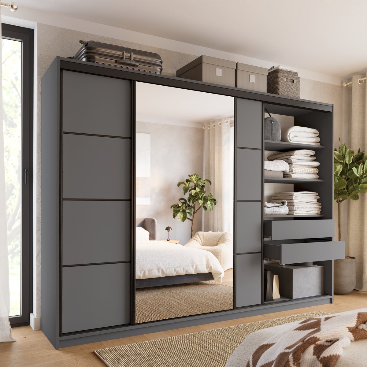Duża szafa przesuwna z lustrem i szufladami 280 cm LOFT