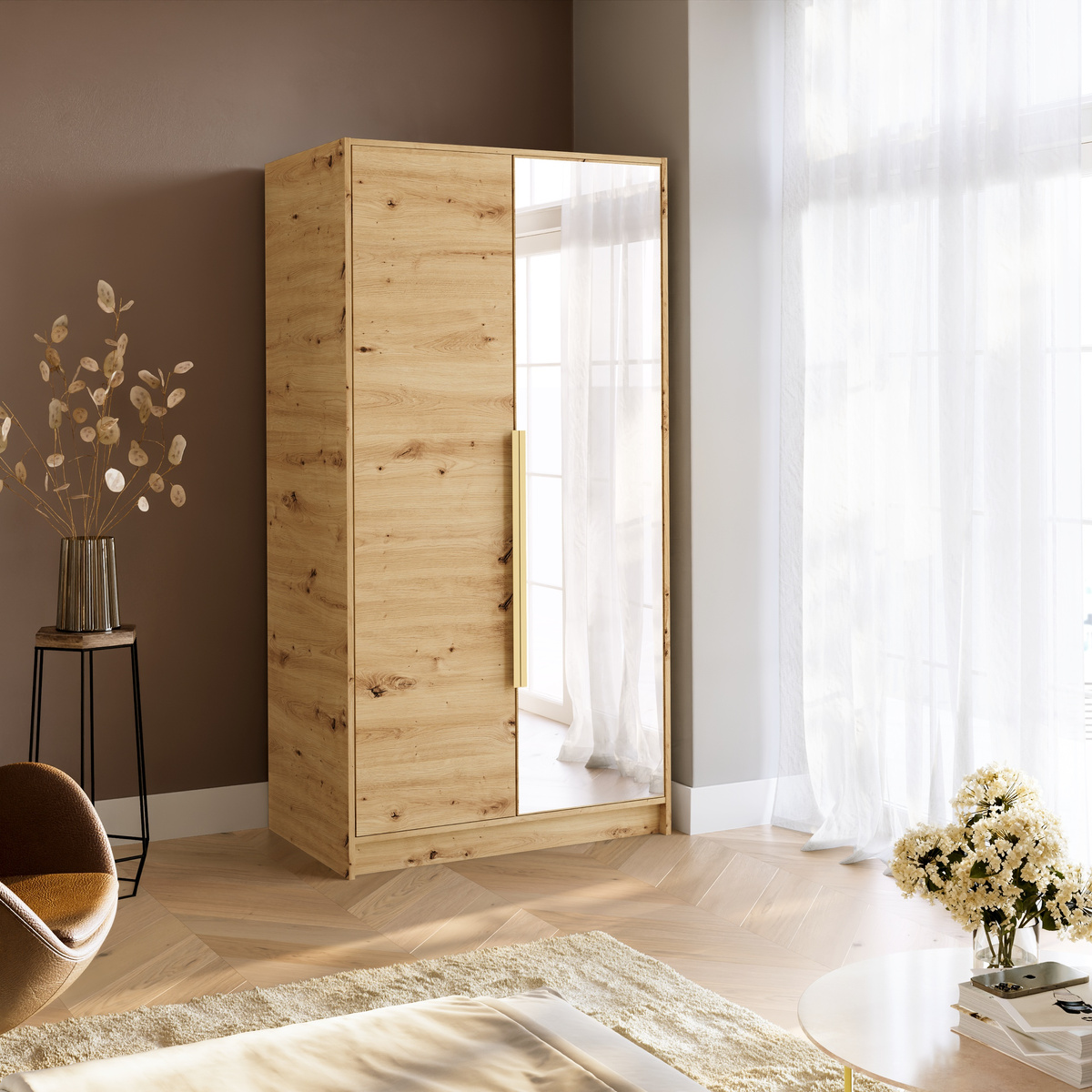 Szafa z lustrem 100 cm na ubrania do garderoby LESTO dąb artisan
