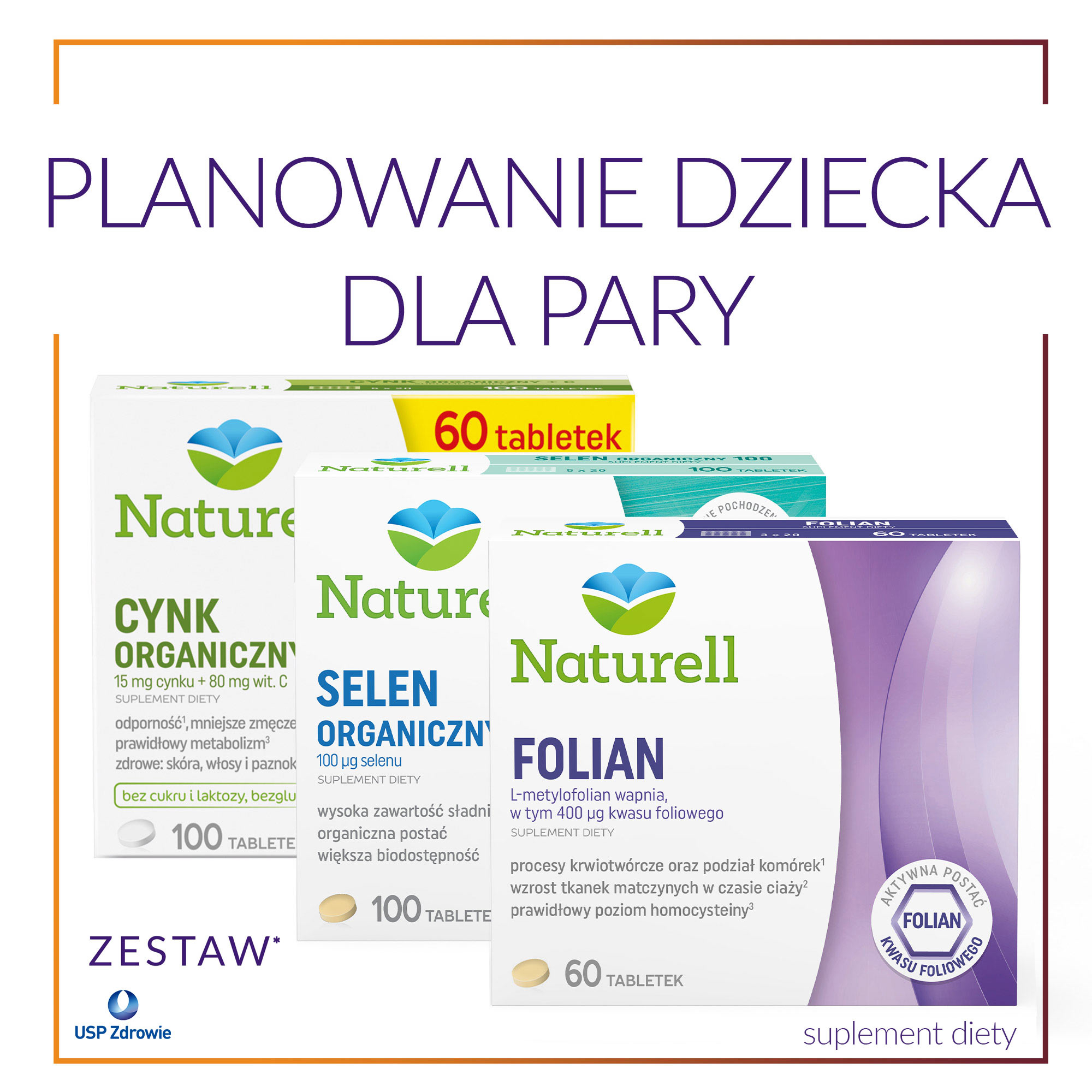 Naturell zestaw planowanie dziecka dla pary: cynk organiczny + c, 100 tabletek + selen organiczny 100, 100 tabletek + folian, 60 tabletek