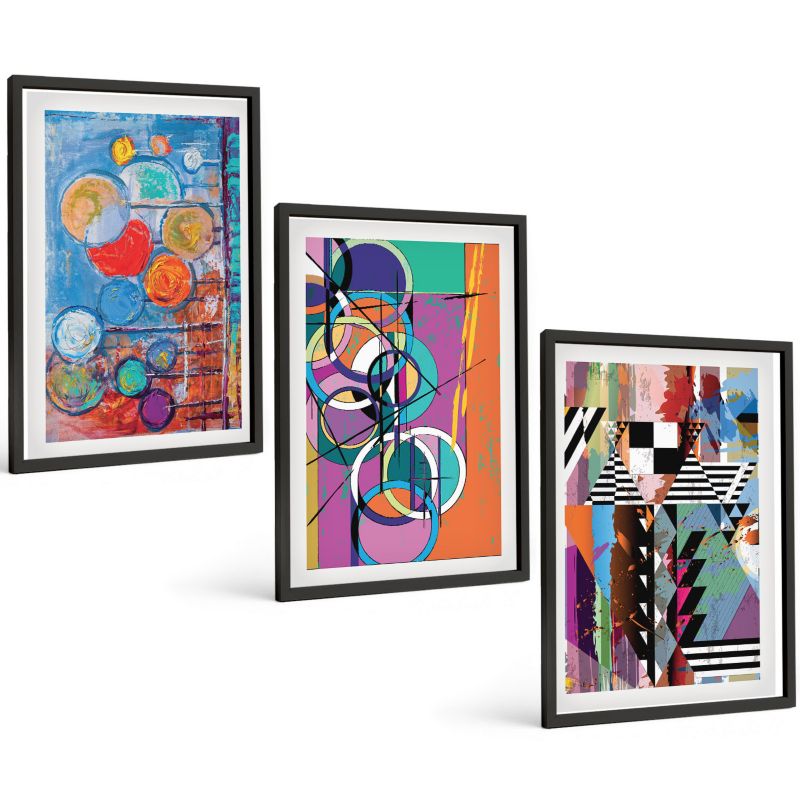 Galeria 3 Obrazów w Czarnej Ramie ArtPrintCave 40x60 cm Komplet ścienny Kolorowe abstrakcje okręgi geometria 1 kpl.