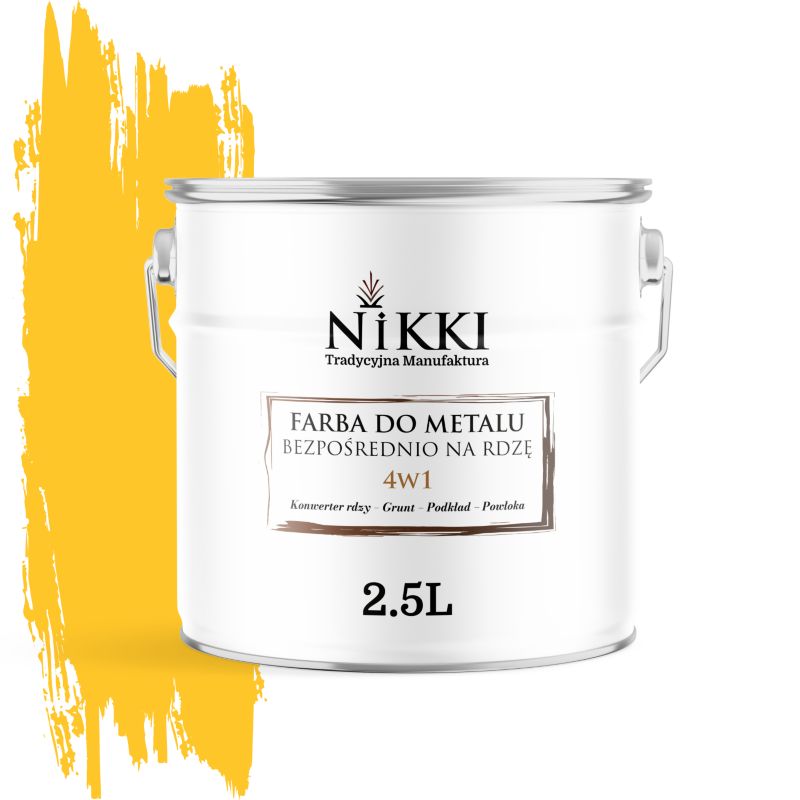 Farba do Metalu Antykorozyjna 4w1 NIKKI Żółty ostrzegawczy RAL1023 Wysoki Połysk 2.5L