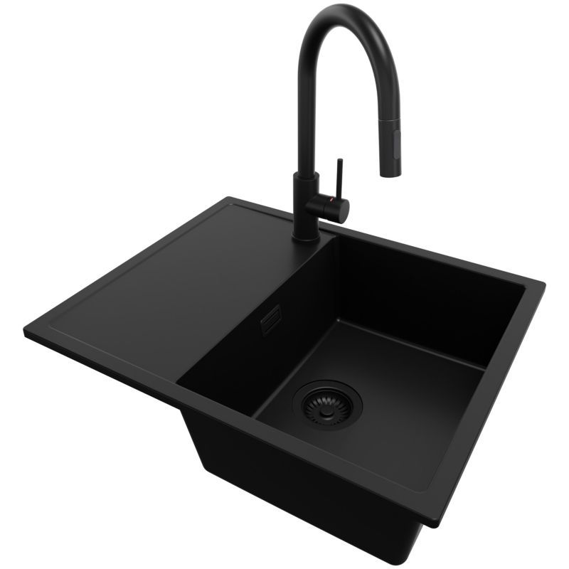 Zlewozmywak Granitowy Ibiza PRIMAGRAN Nablatowy 62x50cm do Szafki od 45cm, Cały Czarny + Bateria 40x20cm + Syfon, S016, 1 szt.