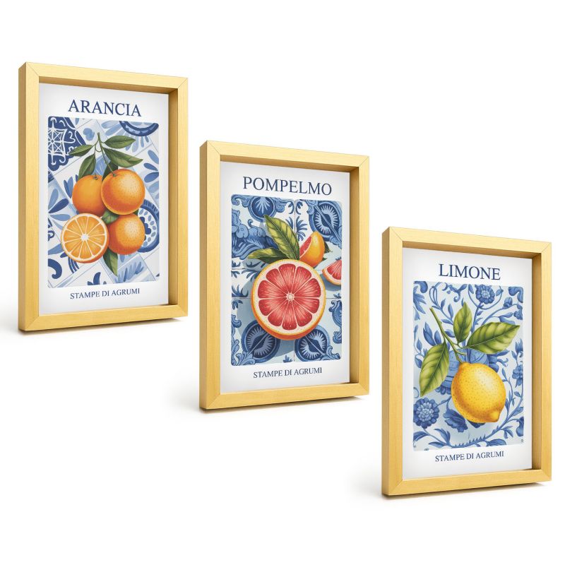 Trzyczęściowy Zestaw Obrazów ArtPrintCave 20x30 cm Złota rama Owocowe cytrusy vintage ilustracje 1 kpl.