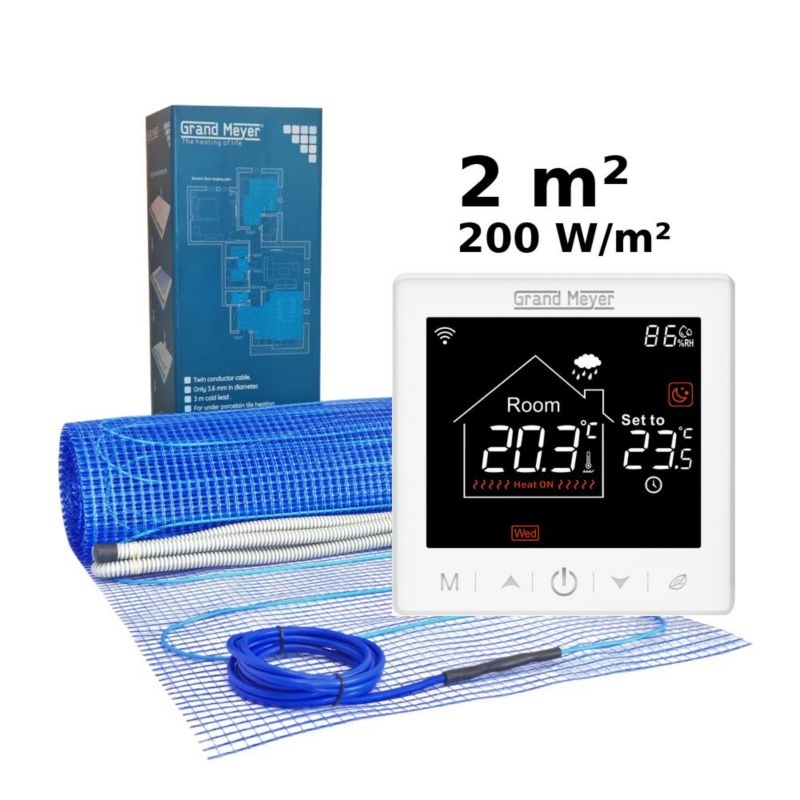 Zestaw do ogrzewania podłogowego 2 m², 200 W/m² + termostat SN-10 Wi-Fi programowalny, 1 szt.