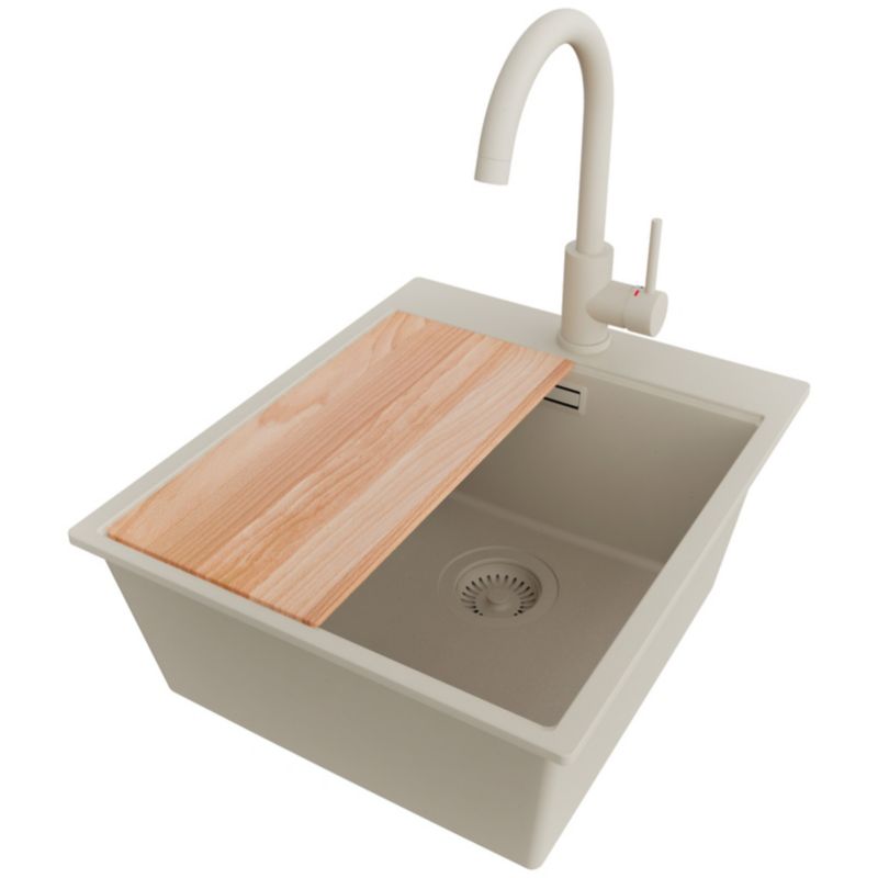 Zlewozmywak Granitowy Oslo Top PRIMAGRAN Nablatowy 43x50cm do Szafki od 45cm, Cały Beżowy + Bateria + Syfon + Deska, S200, 1 szt.