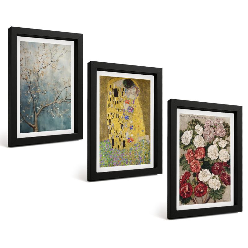 Zestaw 3 Obrazów w Czarnej Ramie ArtPrintCave 20x30 cm Galeria Ścienna Kwiaty drzewa malarstwo Klimt 1 kpl.