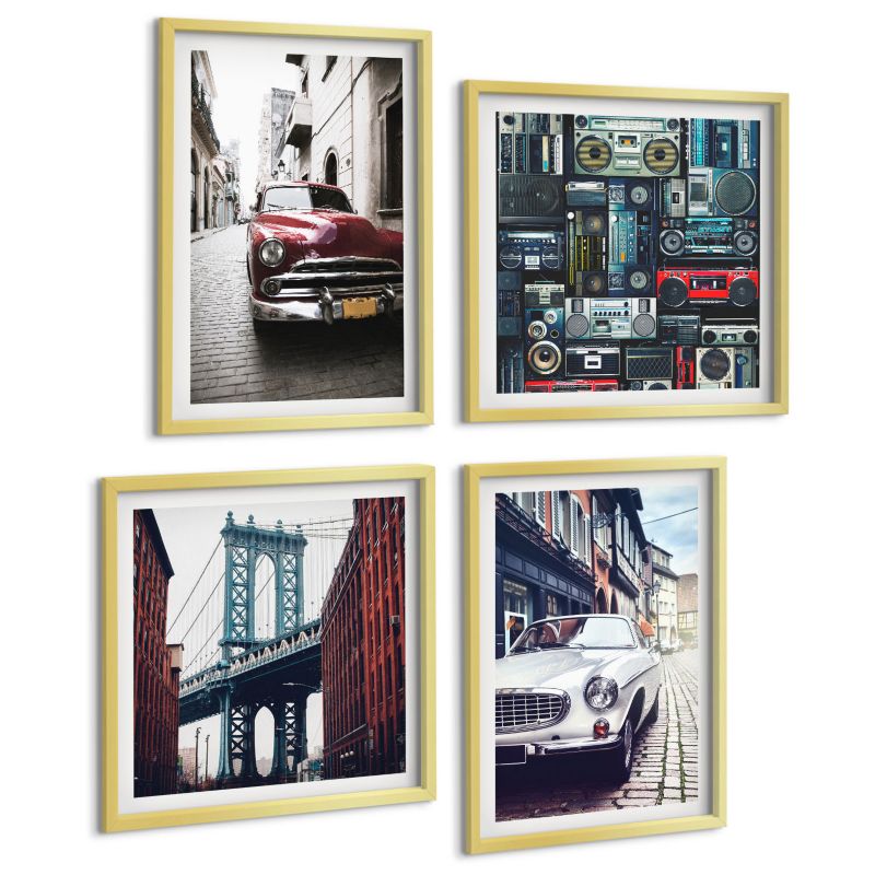 Galeria 4 Obrazów ArtPrintCave (2x50x50+2x40x60cm) Złota rama Stare auta Brooklyn retro audio 1 kpl.